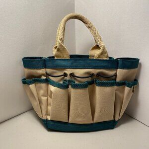 Crabtree & Evelyn Small Tote Bag with Pockets Beige Canvas, Green Accents 6 x 8"